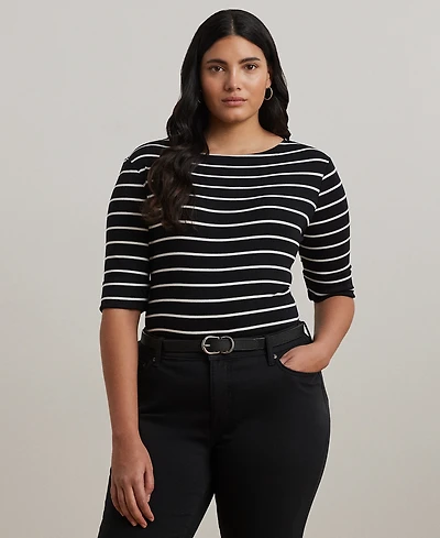 Lauren Ralph Plus Striped Cotton Boatneck T-Shirt