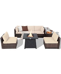 7PCS Patio Rattan Furniture Set Fire Pit Table Cover Cushion
