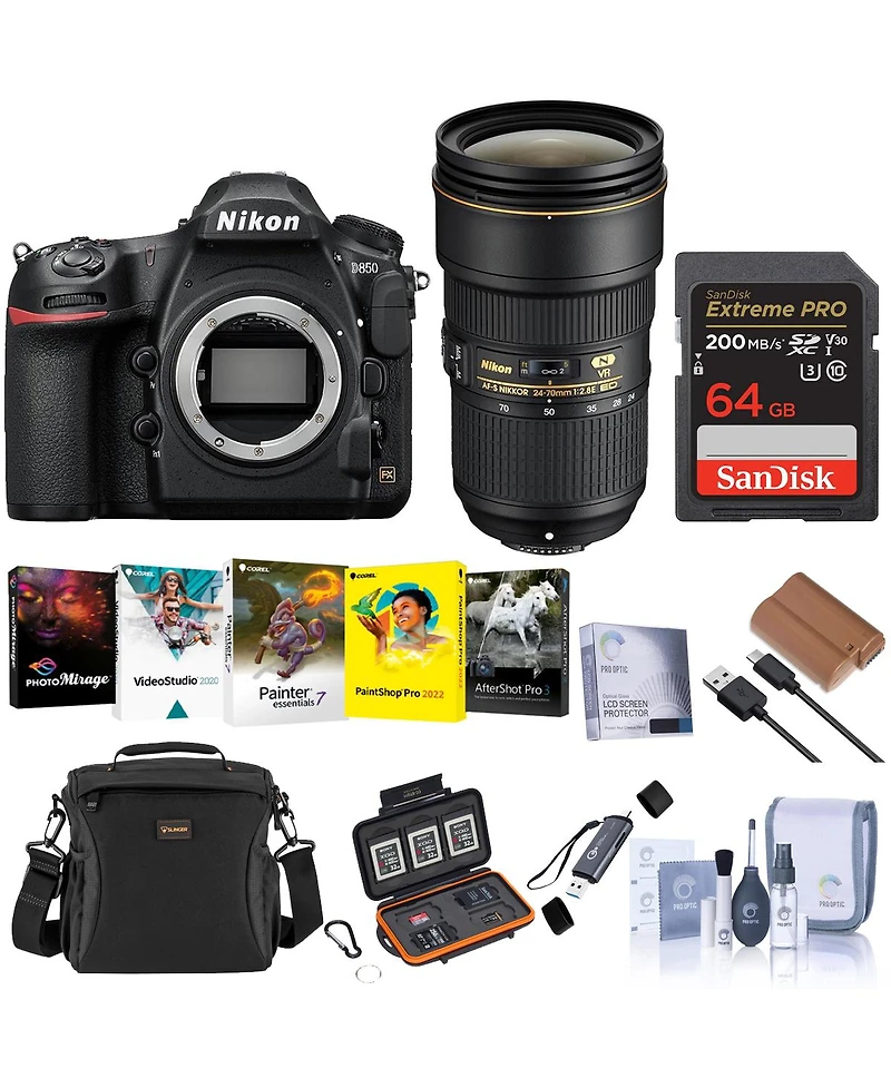 Nikon D850 Dslr Camera with Af-s Nikkor 24-70mm f/2.8E Ed Vr Lens, Bundle with 64GB Memory Card, EL15c Battery, Bag, Memory Card Case, Card Reader, So