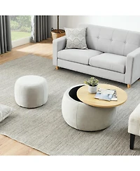 Streamdale Furniture Round Storage Ottoman, 2 in 1 Function, Work as End table and Ottoman,with small seat,Light grey(25"x25"x14.7")
