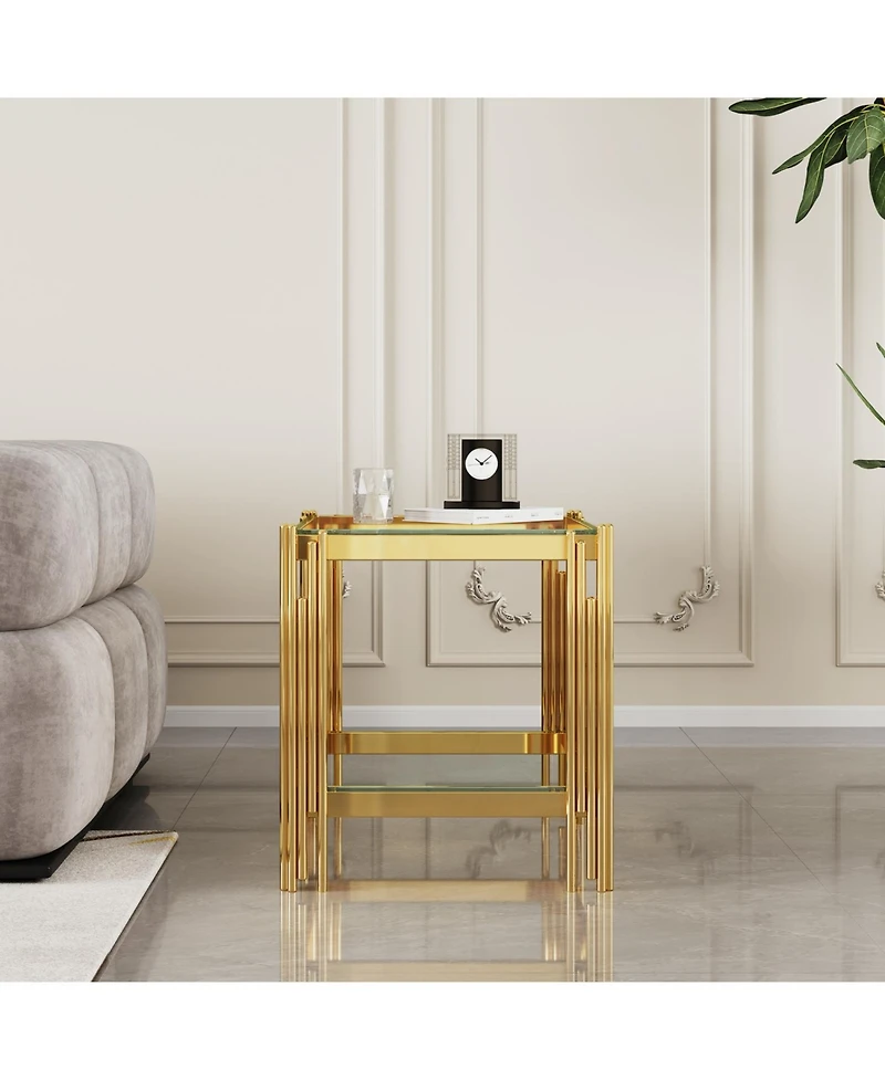 Streamdale Top and Bottom Double Layer Tempered Glass End Table and Mirror Finished Stainless Steel Frame