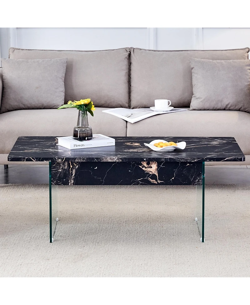 Streamdale Multifunctional Lift Top Coffee Table with Tempered Glass Legs in Black Marble Pattern