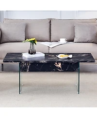 Streamdale Multifunctional Lift Top Coffee Table with Tempered Glass Legs in Black Marble Pattern