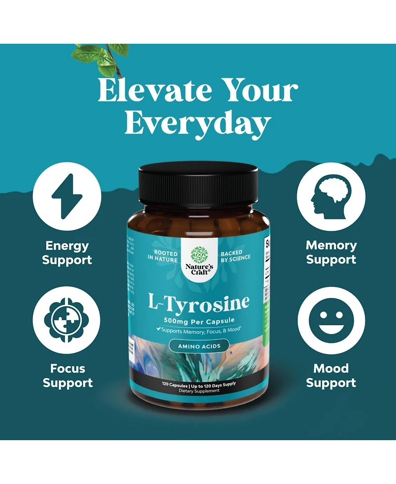 L-Tyrosine Capsule | High Strength L-Tyrosine Supplement | for Mental Energy, Mood, Focus, Attention & Cognition | 120ct