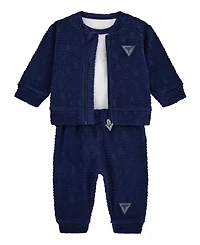 Guess Baby Boys 3-Piece Long Sleeve Bodysuit, Jacquard Zip-Up Sweatshirt, and Pants Set