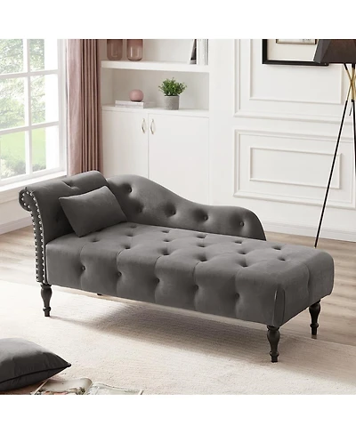 60 Inch Velvet Tufted Chaise Lounge with Nailhead Trim Solid Wood Legs and Pillow for Living Room Bedroom Reading or Relaxing-The Pop Home