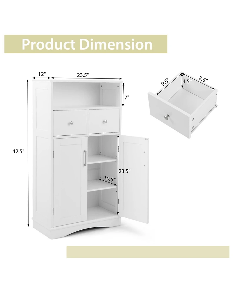 2 Doors Freeestanding Bathroom Floor Cabinet with 2 Drawers and Adjustable Shelves
