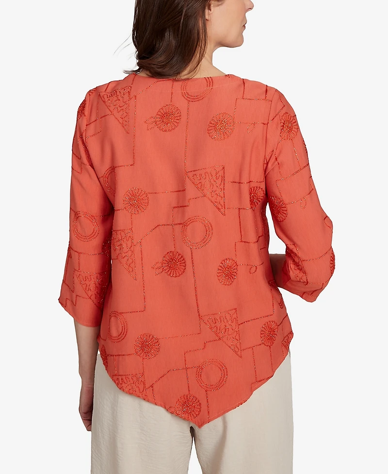 Alfred Dunner Petite Copper Canyon Metallic Embroidered Geometric Top