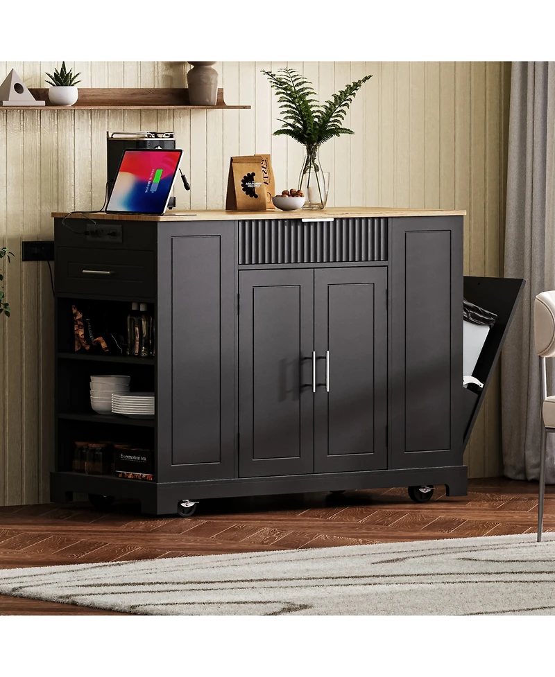 Streamdale Fluted Kitchen Island Cart Trash Storage, Power, Drawers