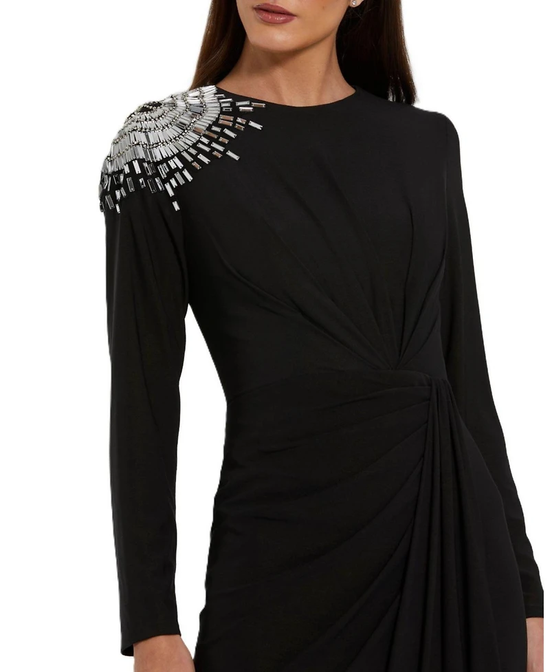 Mac Duggal Women's Jersey Long Sleeve Wrap Gown With Beaded Shoulder