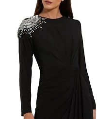 Mac Duggal Women's Jersey Long Sleeve Wrap Gown With Beaded Shoulder