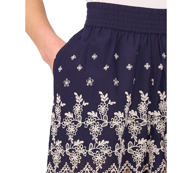 CeCe Women's Cotton Pull-On Embroidered Scalloped-Hem Shorts