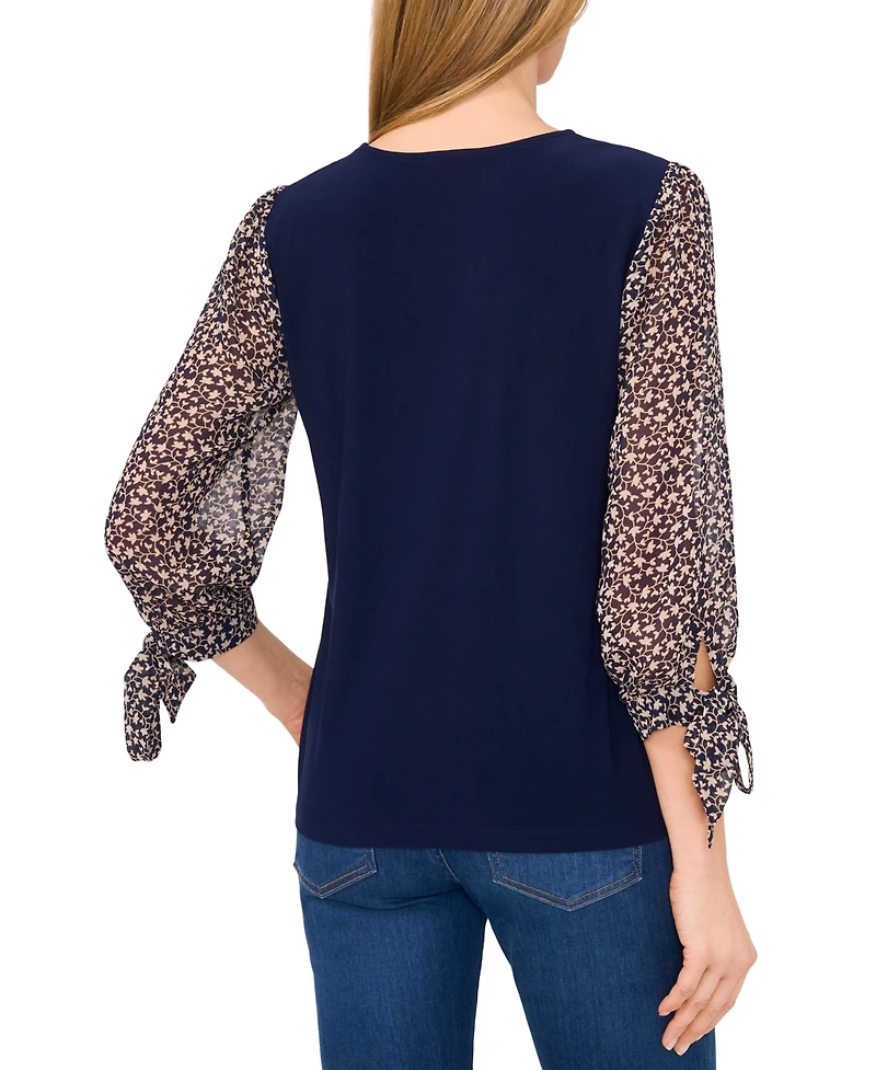 CeCe Women's Mixed-Media Tie-Cuff 3/4-Sleeve Top