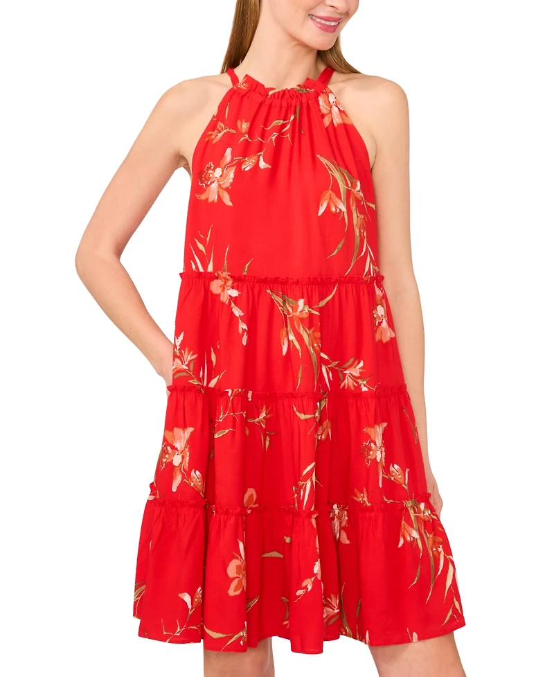 CeCe Women's Tiered Back-Tie Sleeveless Halter Dress