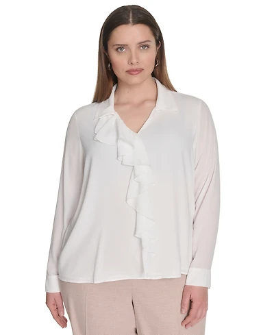 Calvin Klein Plus Georgette Long-Sleeve Ruffle-Front Blouse