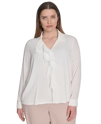 Calvin Klein Plus Georgette Long-Sleeve Ruffle-Front Blouse