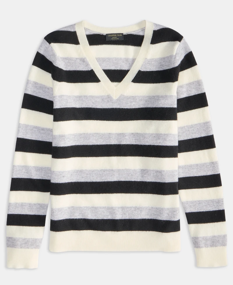 Charter Club Women's 100% Cashmere Striped V-Neck Sweater, Macy's Exclusive