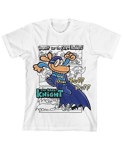 Dog Man Boys Hand-Drawn Bark Knight & Logo Youth White Crew Neck Short Sleeve T-shirt-xl