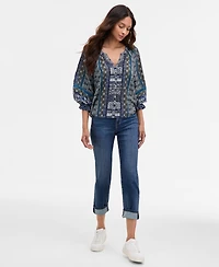 Liverpool Los Angeles Women's Printed Balloon-Sleeve Button-Front Blouse