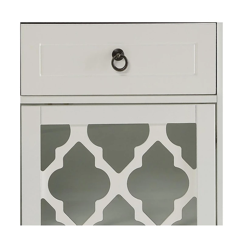 Fret Work Glass Door Cabinet with Decorative Accents and Storage