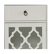 Fret Work Glass Door Cabinet with Decorative Accents and Storage