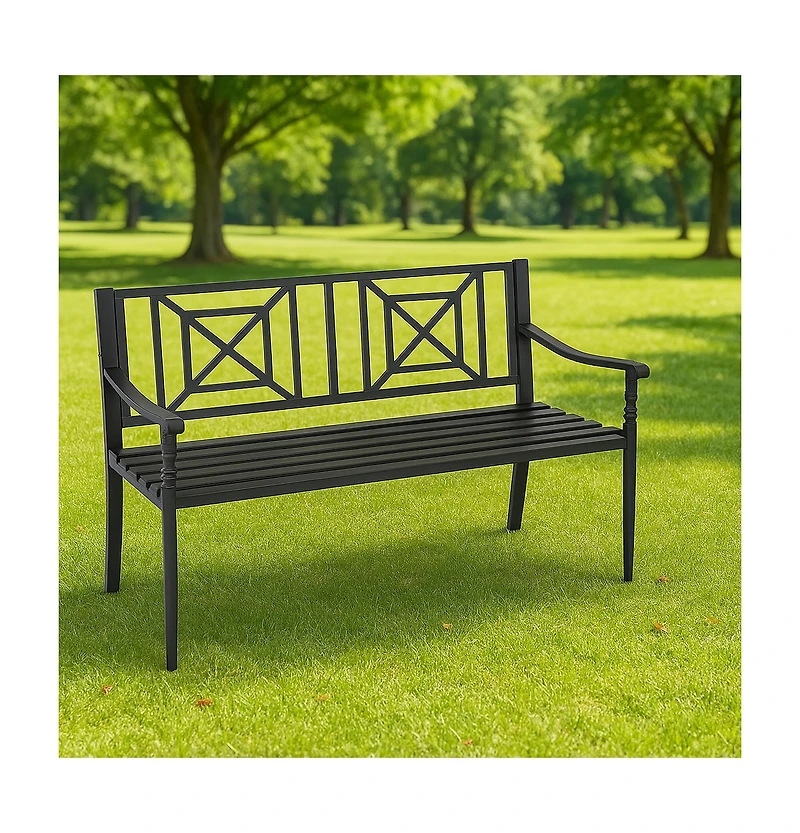 51 Inch Metal Bench with Curved Armrests for 2-3 People-Black