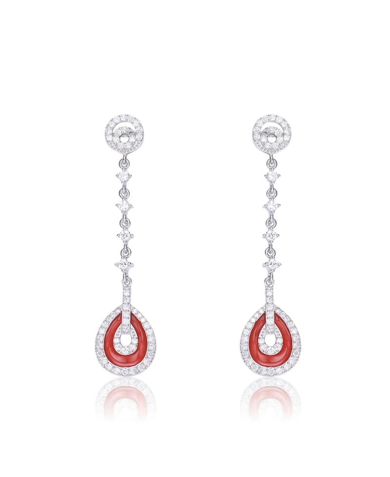 Sterling Silver White Gold Plating with Red Cubic Zirconia Drop Earrings
