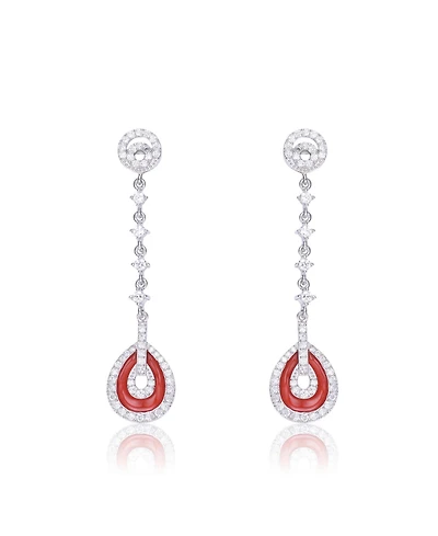 Sterling Silver White Gold Plating with Red Cubic Zirconia Drop Earrings