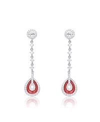 Sterling Silver White Gold Plating with Red Cubic Zirconia Drop Earrings