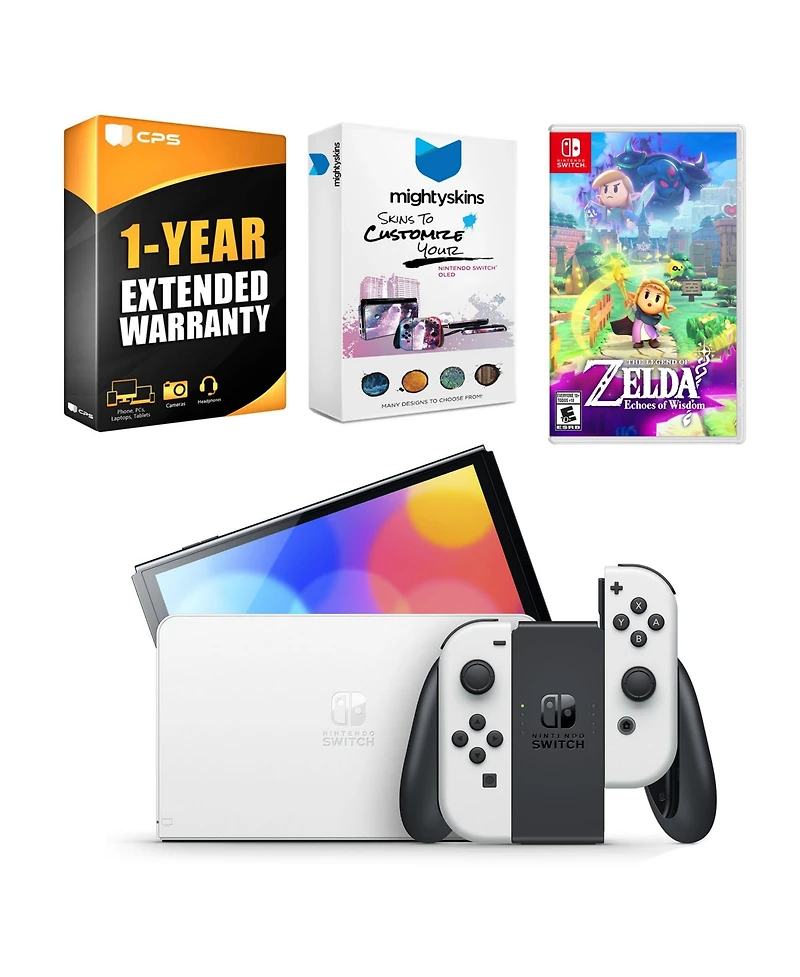 Nintendo Switch White Oled Console with The Legend of Zelda Echoes of Wisdom, MightySkins Console and Controller Skin Voucher