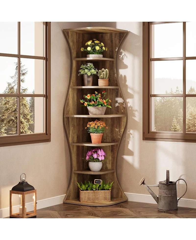 Tribesigns 73.2" Tall Corner Bookcase, Farmhouse 6-Tier Corner Shelf for Small Space, Freestanding Bookshelf Display Shelf Plant Stand
