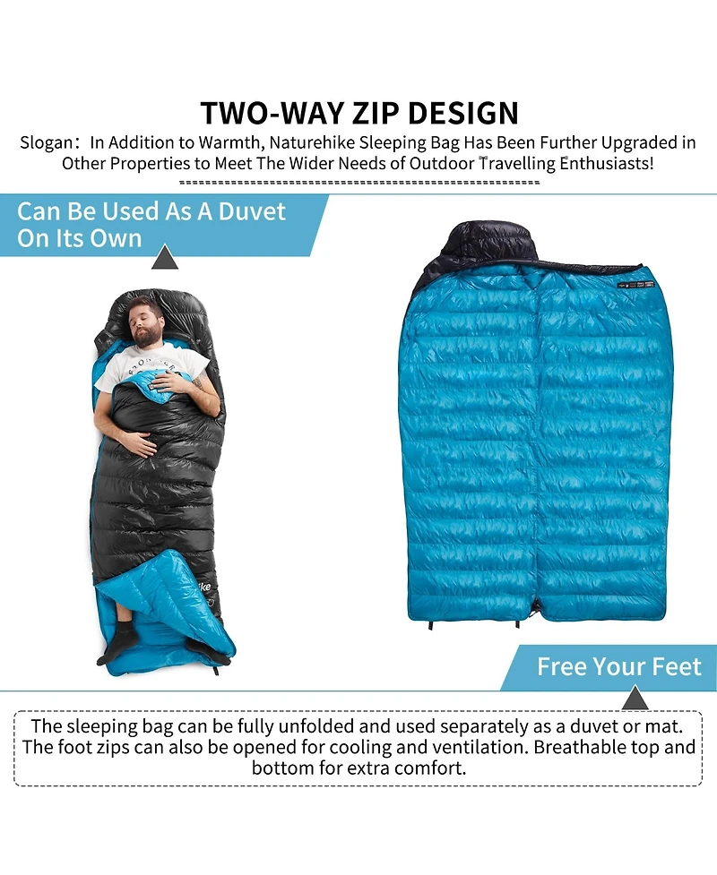 Naturehike Ultralight Down Sleeping Bag, 650FP, 3-4 Season, Adults, 32-42, Waterproof, Compact, Camping, Hiking