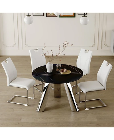 Streamdale Round Stainless Steel Table and 4 White Dining Chairs with Silver Metal Legs