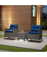 3 Pcs Patio Wicker Rocking Set with Tempered Glass Table & Soft Cushions Outdoor