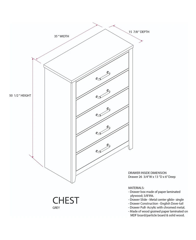 Kings Brand Furniture Harmony 5 Wood Drawer Chest Dresser for Bedroom - Tall & Modern Storage Organizer, Light Oak Gray