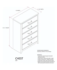 Kings Brand Furniture Harmony 5 Wood Drawer Chest Dresser for Bedroom - Tall & Modern Storage Organizer, Light Oak Gray