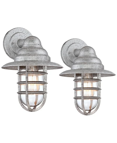 John Timberland Marlowe 13 1/4" High Farmhouse Rustic Hooded Cage Outdoor Wall Light Fixture Mount Porch House Set of 2 Galvanized