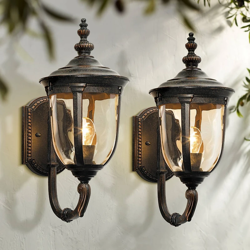 John Timberland Bellagio Rustic Vintage Outdoor Wall Light Fixtures Set of 2 Veranda Bronze Metal 16 1/2" Champagne Glass for Post Exterior