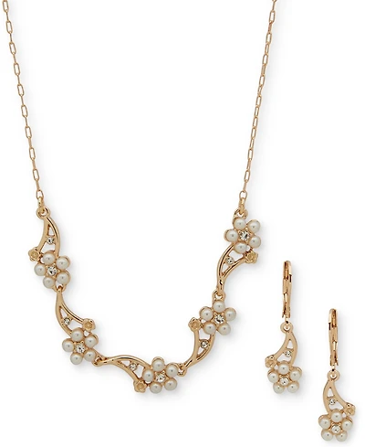 Anne Klein Gold-Tone Pave & Imitation Pearl Flower Statement Necklace & Drop Earrings Set