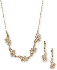 Anne Klein Gold-Tone Pave & Imitation Pearl Flower Statement Necklace & Drop Earrings Set