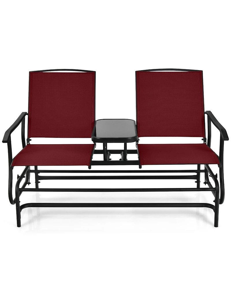 2-Person Double Rocking Loveseat with Mesh Fabric and Center Tempered Glass Table