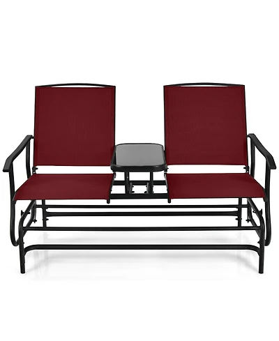 2-Person Double Rocking Loveseat with Mesh Fabric and Center Tempered Glass Table