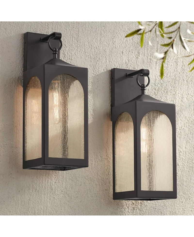 Possini Euro Design Tyne Modern Outdoor Wall Light Fixtures Set of 2 Bronze Metal 20 1/2" Seedy Glass for Post Exterior Barn Deck House