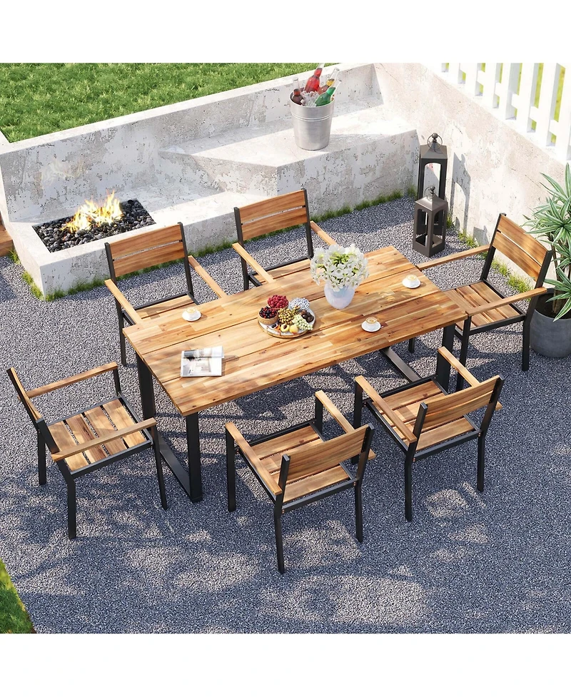 7 Pcs Acacia Wood Patio Dining Set 6 Armchairs and 69" Table with 2" Umbrella Hole