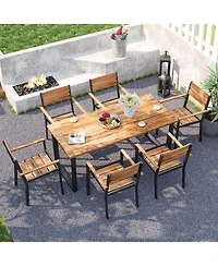 7 Pcs Acacia Wood Patio Dining Set 6 Armchairs and 69" Table with 2" Umbrella Hole