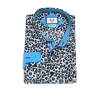 Elie Balleh Little Boys Teal Slim Fit Leapord Button-Down Shirt