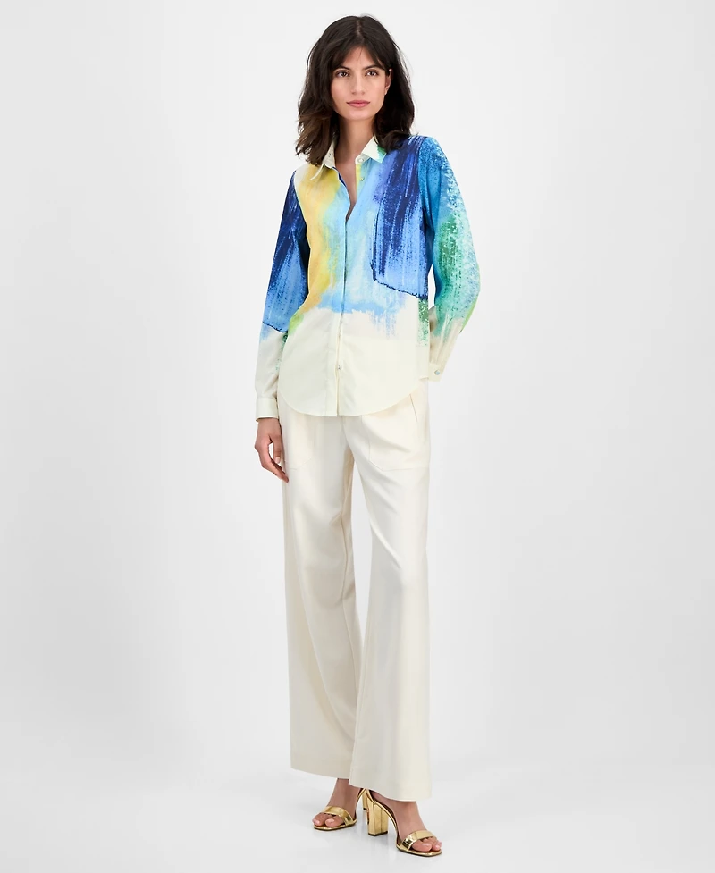 T Tahari Women's Watercolor-Print Long-Sleeve Blouse