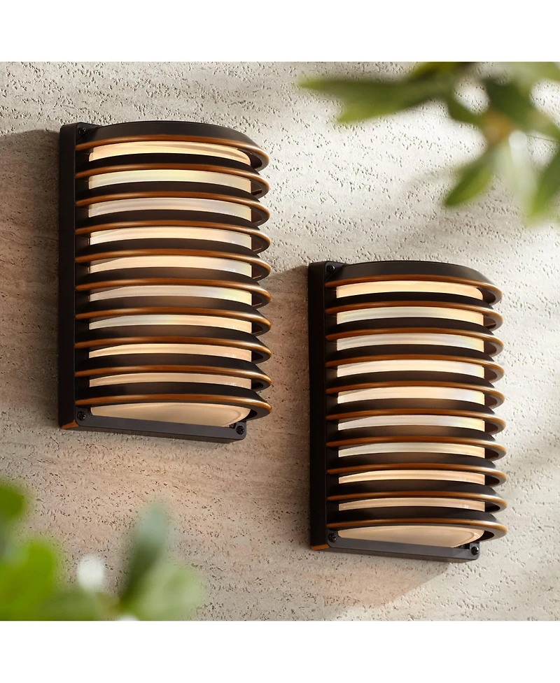 John Timberland Modern Industrial Outdoor Wall Lights Fixtures Set of 2 Rubbed Bronze 10" Frosted Glass for Exterior House Porch