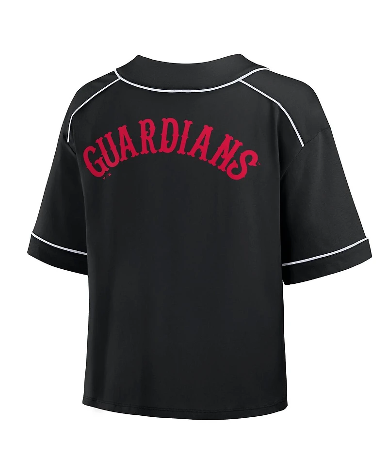Fanatics Women's Black Cleveland Guardians Oversized Champ Game Cropped V-Neck T-Shirt