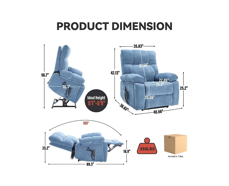 Heat Massage Dual Motor Infinite Position Up to 350 Lbs Large Electric Power Lift Recliners with Hidden Cup Holders, Power-Remote
